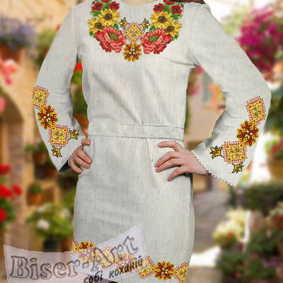 фото: льняное женское платье (заготовка) с вышивкой крупные цветы и золотой узор