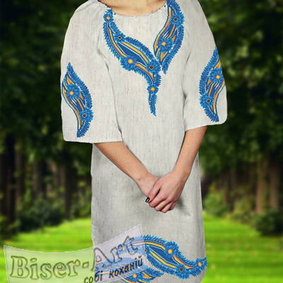 фото: льняное женское платье (заготовка) с вышивкой желто-голубой цветочный узор