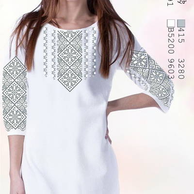 фото: белое женское платье (заготовка) с вышивкой геометрический серый орнамент