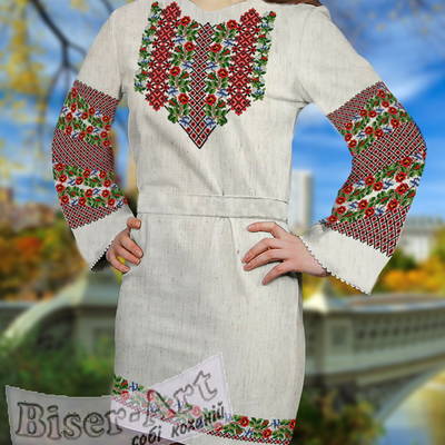 фото: льняное женское платье (заготовка) с вышивкой маки и цветная сетка