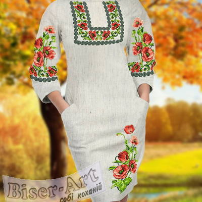 фото: льняное женское платье (заготовка) с вышивкой маки