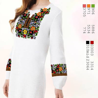 фото: белое женское платье (заготовка) с вышивкой богатый сплошной узор из мелких разноцветных цветов