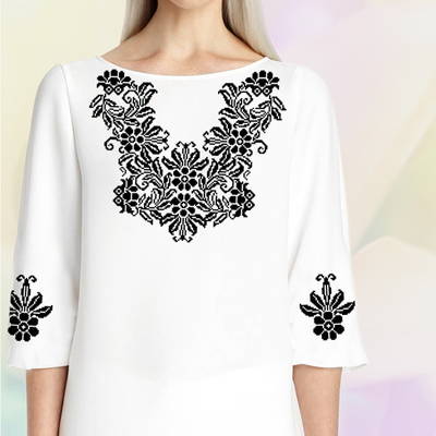 фото: белая блуза (заготовка) с вышивкой черный цветочный узор