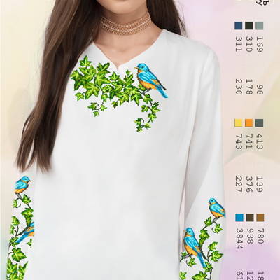 фото: белая блуза (заготовка) с вышивкой зелёный плющ и голубые птицы
