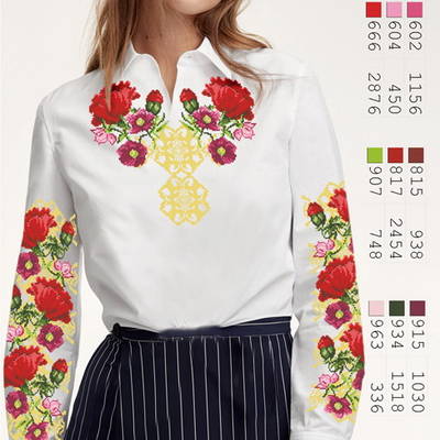 фото: белая блуза (заготовка) с вышивкой крупные красные цветы и золотой узор