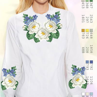 фото: белая блуза (заготовка) с вышивкой крупные белые цветы и зеленые листья