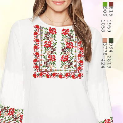 фото: белая блуза (заготовка) с вышивкой красочный цветочный узор и розы