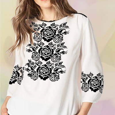 фото: белая блуза (заготовка) с вышивкой розы на черном узоре