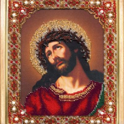 изображение: вышитая бисером Икона Господа Иисуса Христа Спаситель в терновом венце