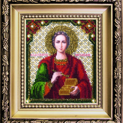 изображение: вышитая бисером, Икона святой Пантелеймон Целитель