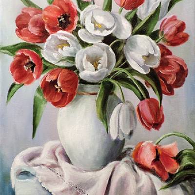 фото: картина для алмазной вышивки, Красные и белые тюльпаны