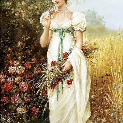 фото: картина в алмазной технике, Девушка с луговыми цветами и розами Художник Hans Zatzka