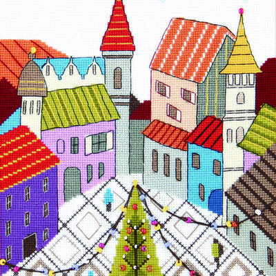 фото: картина для вышивки крестиком, Новогодняя площадь с яркими домиками