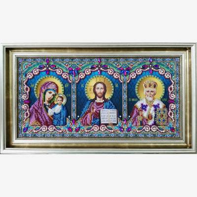 изображение: икона бисером Икона тройная Спаситель, Божья Матерь Казанская, Святой Николай Чудотворец