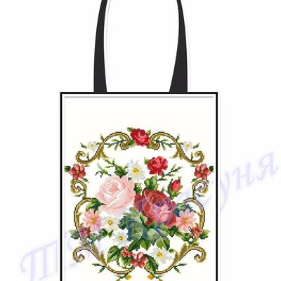 фото: пошитая сумка для вышивки бисером или нитками, белая Розы в корзине