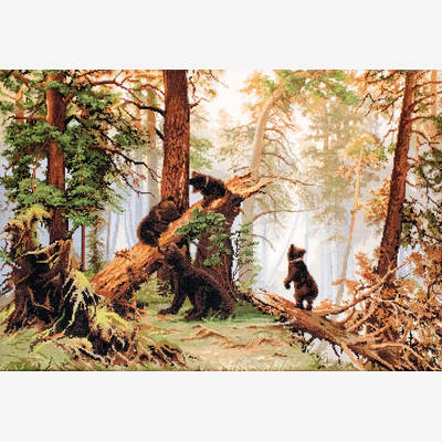 фото: картина, вышитая гобеленовым швом, Утро в сосновом лесу