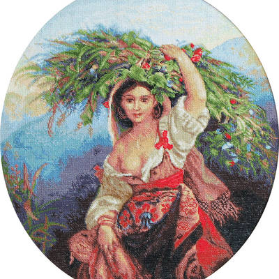 фото: картина, вышитая гобеленовым швом, Итальянка с цветами