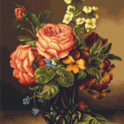 фото: картина, вышитая гобеленовым швом, Ваза с розами и цветами