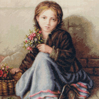 фото: картина, вышитая гобеленовым швом, Девочка с цветами