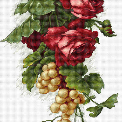 фото: картина, вышитая крестиком, Красные розы с виноградом