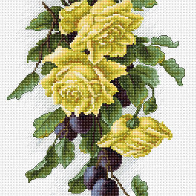 фото: картина, вышитая крестиком, Жёлтые розы с виноградом