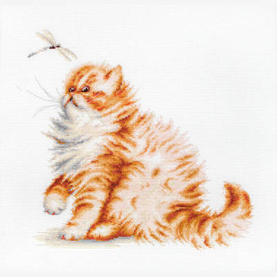 фото: картина, вышитая крестиком, Кошка со стрекозой