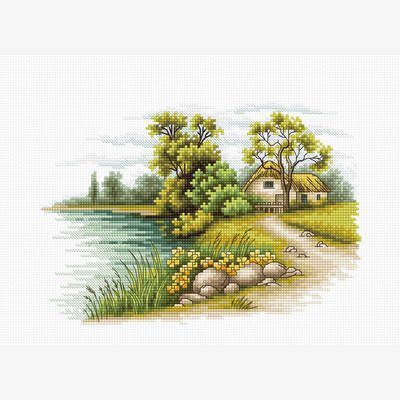 фото: картина, вышитая крестиком, Пейзаж с озером