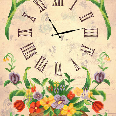 Схема для вышивки бисером Часы. Корзина с цветами