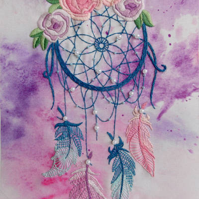фото: картина для вышивки декоративными швами Ловец снов с цветами