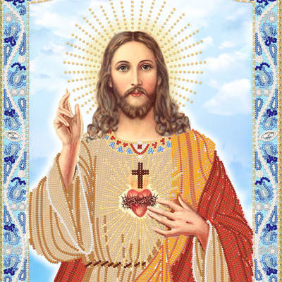 изображение: икона Сердце Иисуса Христа, вышитая бисером