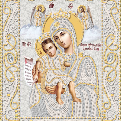 изображение: икона Богородицы Достойно есть (Милующая), вышитая бисером (серебро)