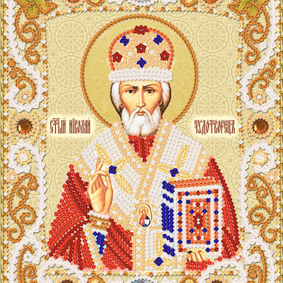 изображение: икона Святой Николай Чудотворец, вышитая бисером