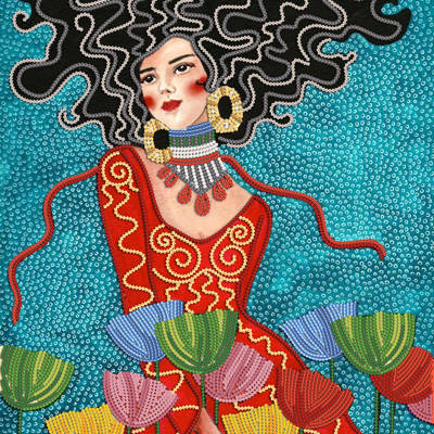 фото: картина для вышивки бисером девушка с яркими цветами