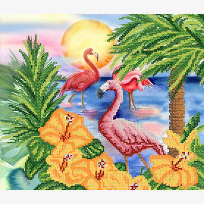 фото: картина для вышивки бисером Тропические цветы и фламинго