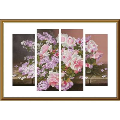 фото: картина, вышитая нитками на канве с фоновым изображением, Сирень и розы
