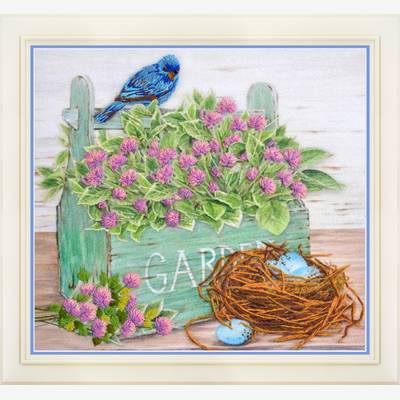 фото: картина для вышивки нитками, цветы и птичье гнездо