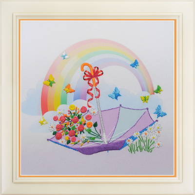 фото: картина для вышивки нитками, зонт, цветы и радуга