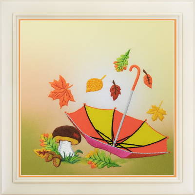 фото: картина для вышивки нитками, зонт и осенние листья