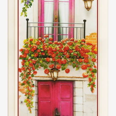 фото: картина для вышивки нитками, цветущий балкон