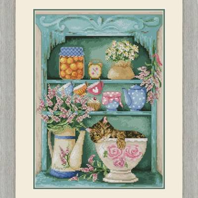 фото: картина, вышитая крестиком, Мятный прованс, чашки и чайник, цветы, кот