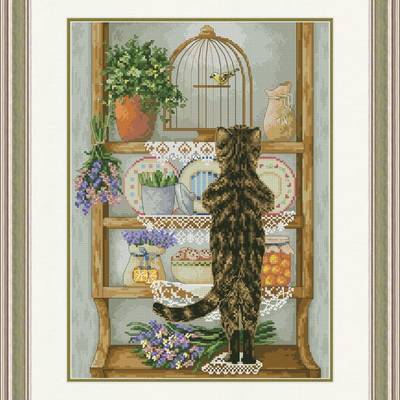 фото: картина, вышитая крестиком, Птичка моя, кот, клетка с птицей, цветы, тарелки, горшки с цветами, сушеные травы