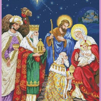 фото: картина, вышитая крестиком, Рождество, Мария, Иосиф и младенец Иисус, Волхвы с востока с