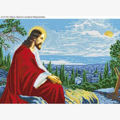 изображение: икона для вышивки бисером Иисус Христос на фоне Иерусалима