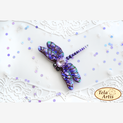 фото: украшение, вышитое бисером на велюре, Фиолетовая стрекоза