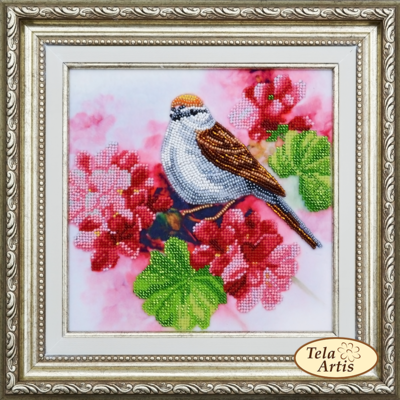 фото: картина для вышивки бисером с аппликацией Птичка на кусте герани фото: картина для вышивки бисером с аппликацией Птичка на кусте герани