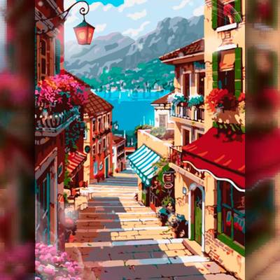 фото: картина в алмазной технике Улица в красных тонах