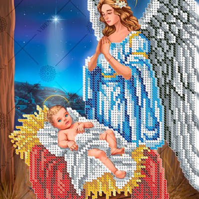 изображение: религиозный сюжет, вышитый бисером, Новорожденный Иисус и ангел