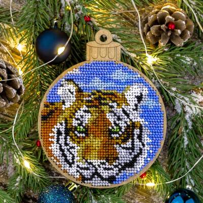 фото: набор для вышивки бисером по дереву, ёлочное украшение, Тигр