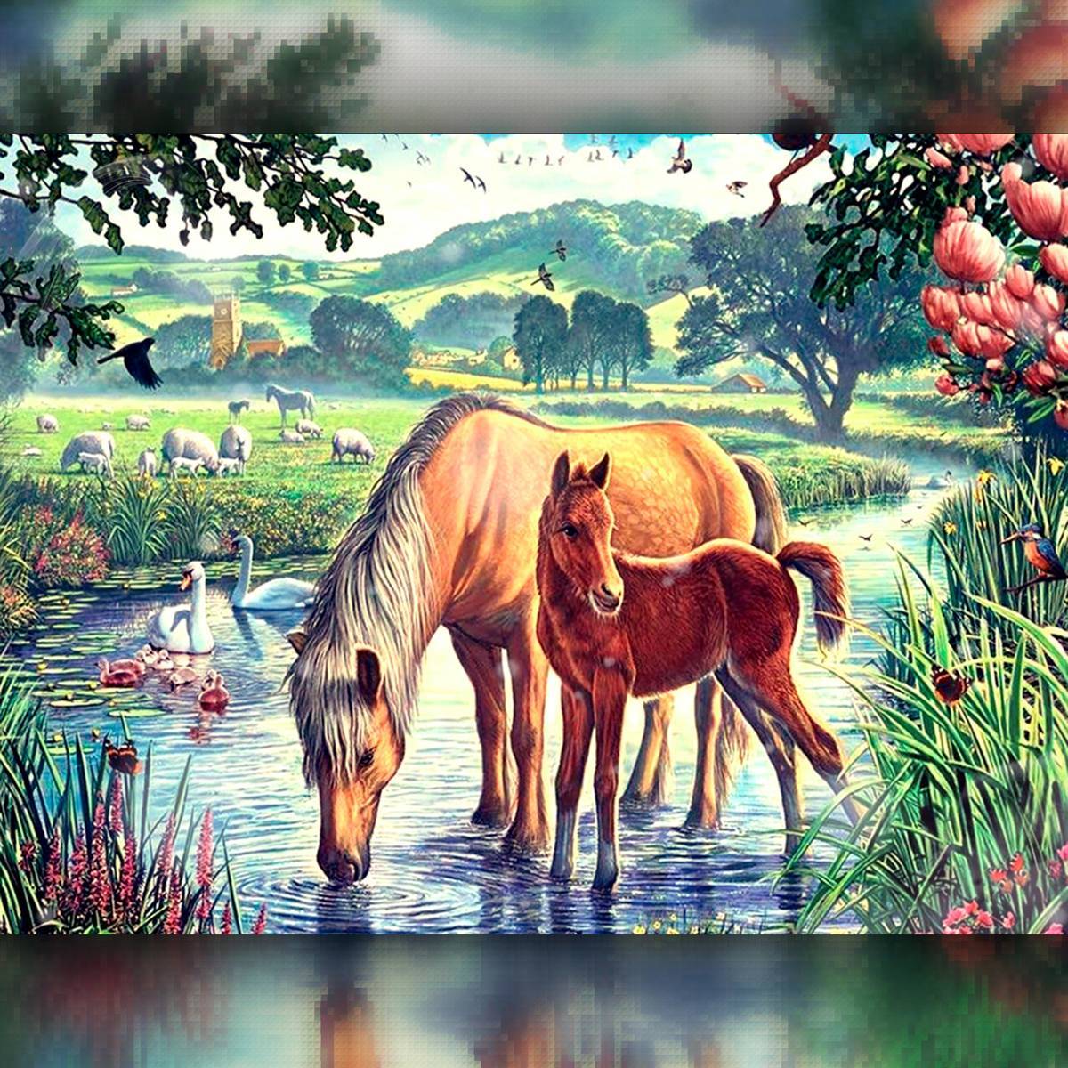 Картина лошади на водопое