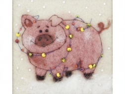фото: картина из шерсти, символ 2019 года свинка